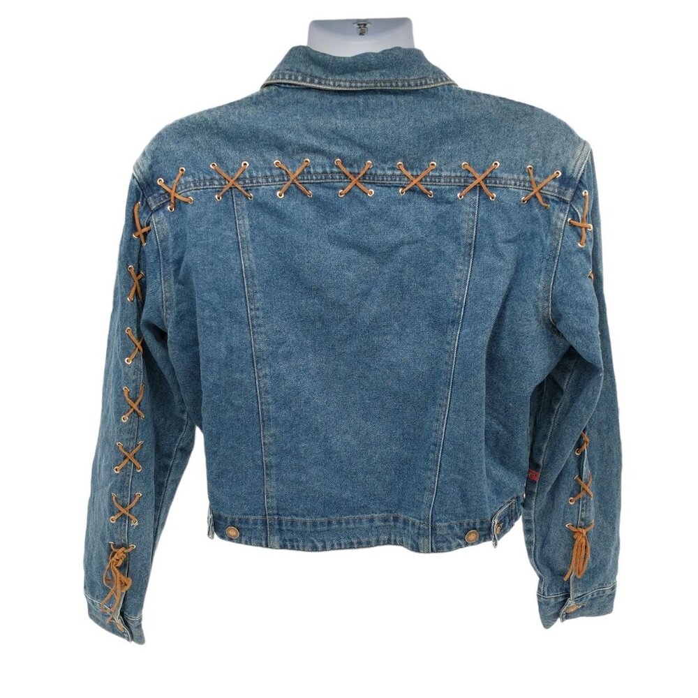 Vtg Womens Denim Blue Jean Jacket XL Criss Cross Leather Accents‎ 90's Western